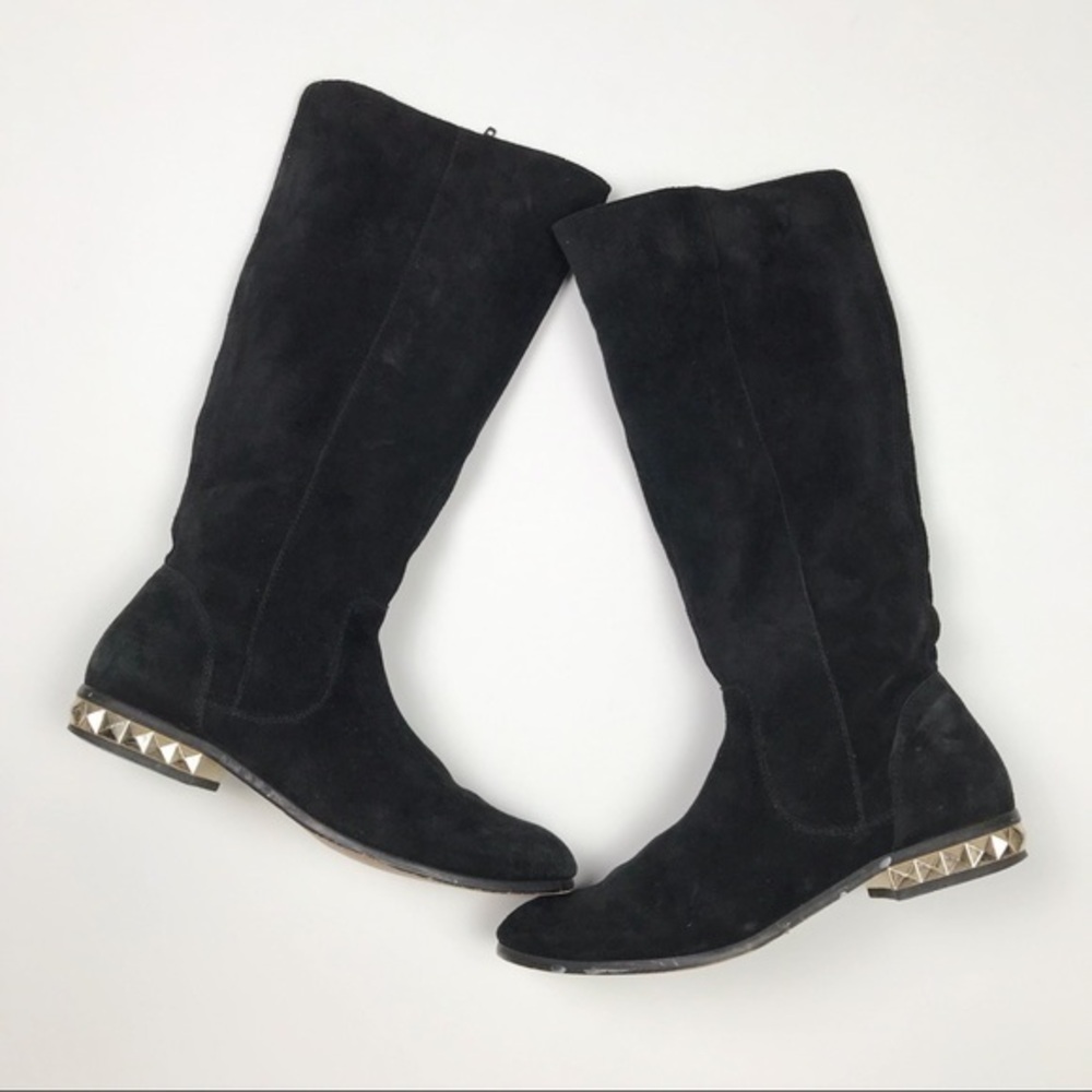 Renvy black suede boots with gold accent heels